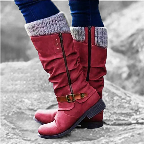 Women’s Leather Flat Heel Mid-Calf Zipper Boots